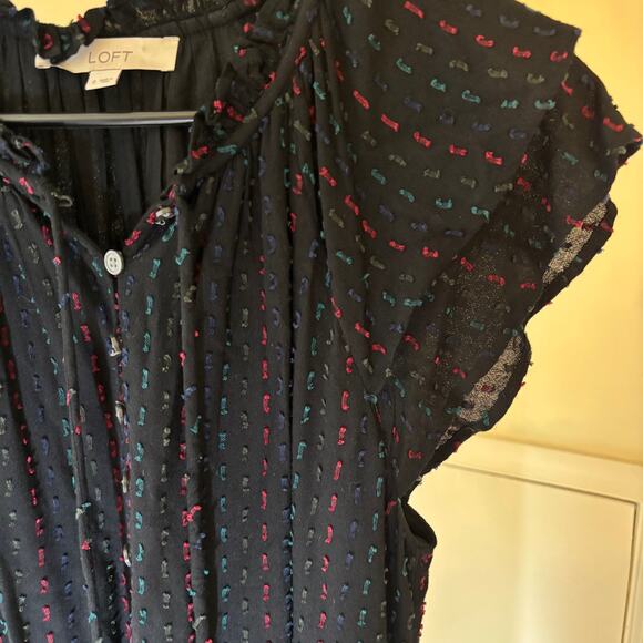 Loft EUC Women's Black Flutter Sleeve Blue Red Swiss Dot A-Line Dress Size S - Picture 2 of 10